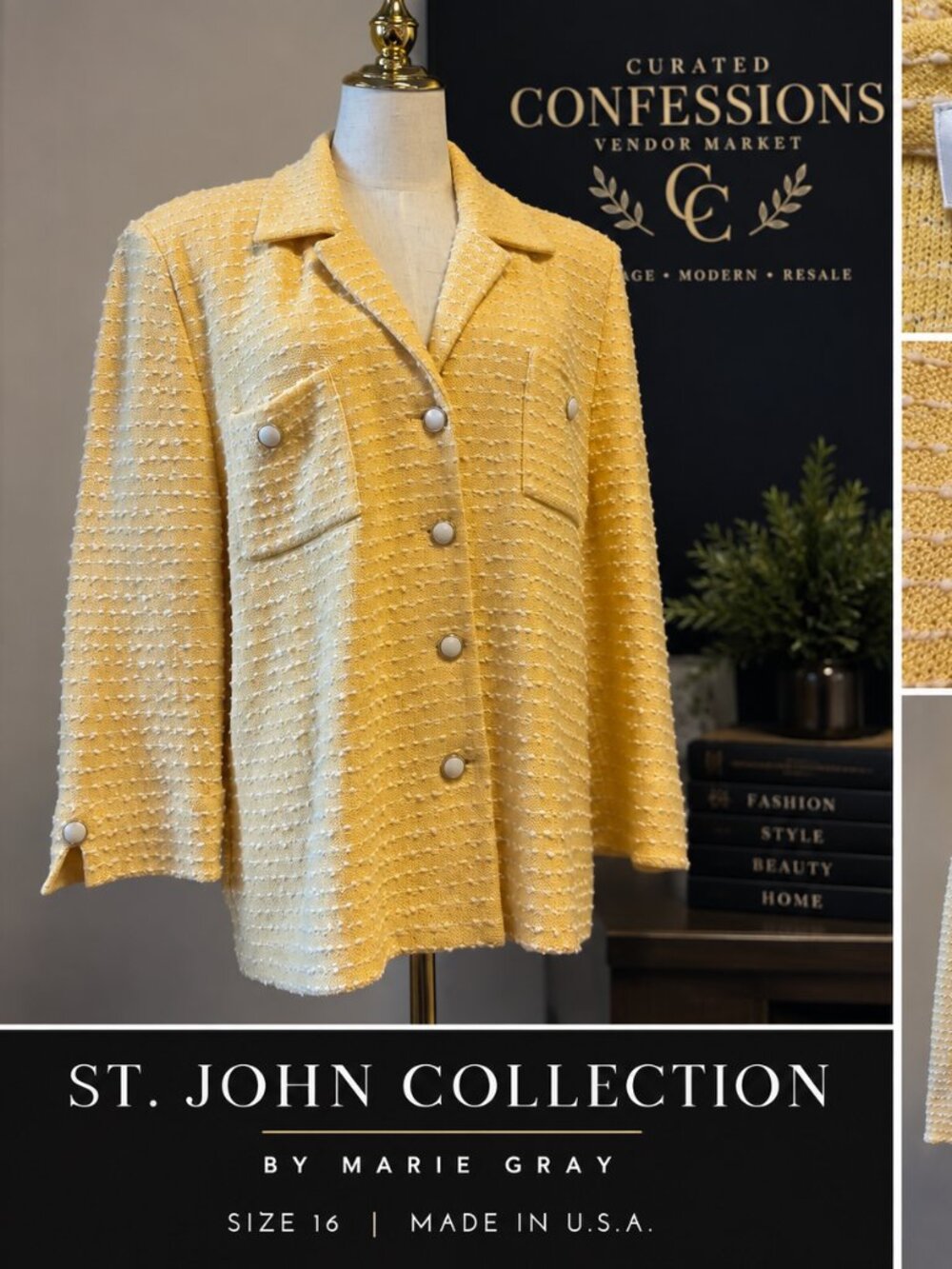 Vintage St. John Collection Marie Gray Yellow Knit Jacket Size 10